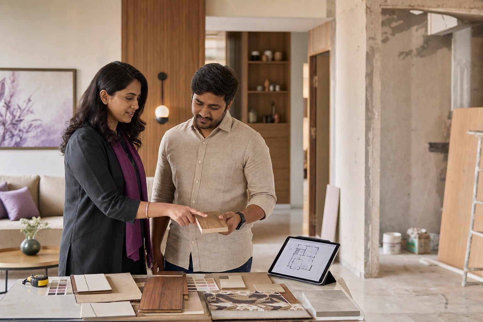 A designer and homeowner reviewing practical renovation choices